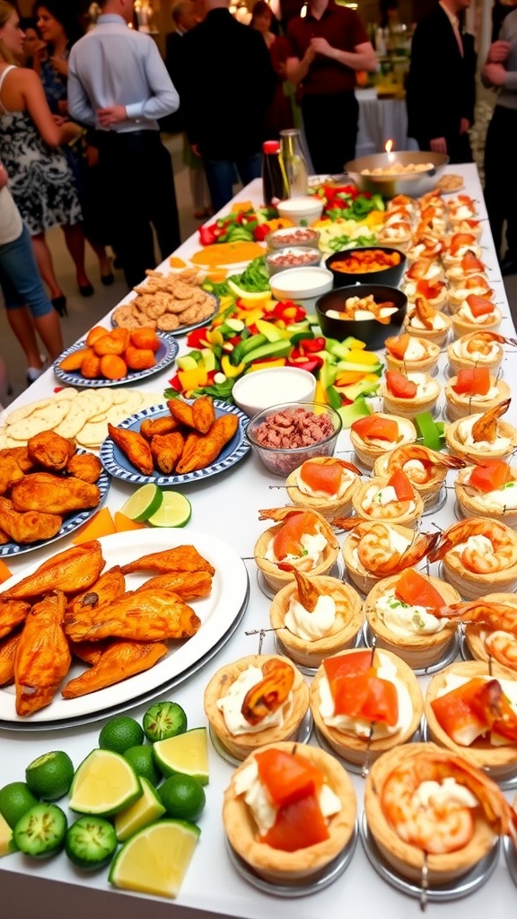 A festive appetizer spread for a large gathering with wings, cheese platter, veggies, phyllo cups, meatballs, and shrimp skewers.